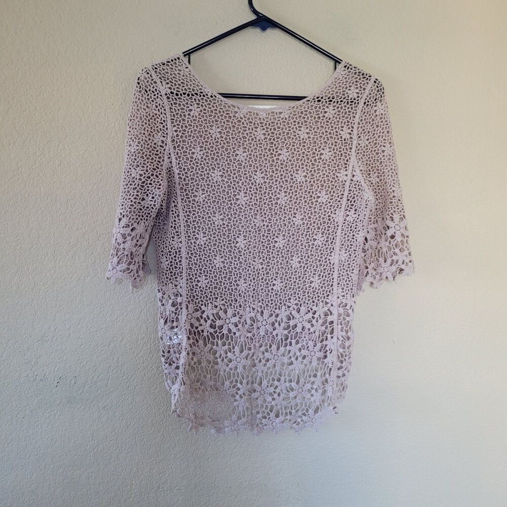 Womens Open Knit Cotton Pullover Sweater Small Floral Crochet Boho Coastal Beach - Picture 6 of 6